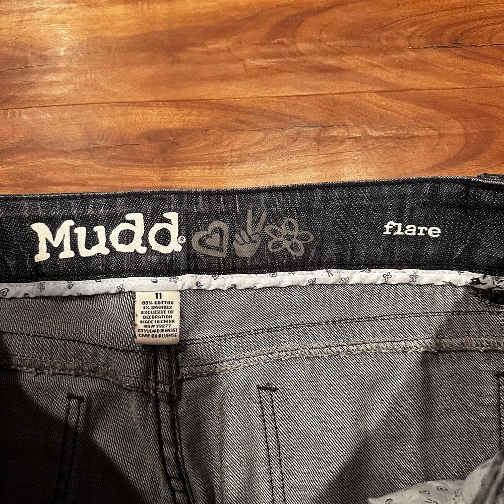 Mudd Jeans Teens 11 Gray Flare Dark Wash Stretch Denim Embroidered Pockets - Picture 4 of 7